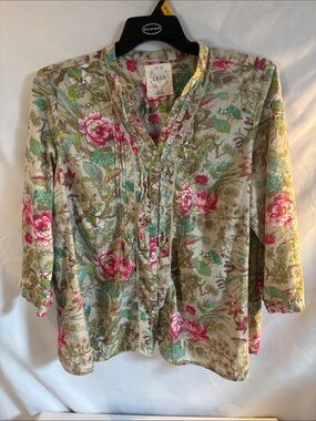 IZOD Floral Pintuck Button-Front Top Blouse in Pink & Green 3/4 sleeves size 1X